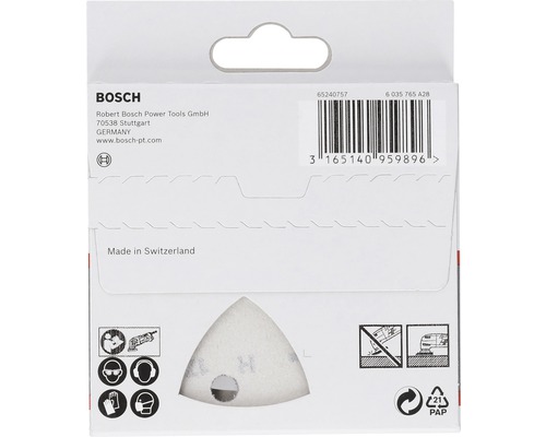 Bosch Logo. Verpackung eines Schleifpapiers im Dreieckformat für Schleifgeräte.