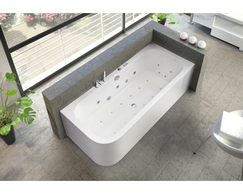 Whirlpool Ottofond Spirit mit Wannenrandarmatur S2000 links 180x80 cm weiß Whirlpool Badewanne im Badezimmer mit Pflanzen