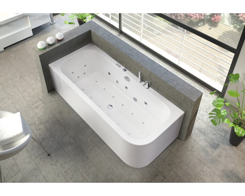 Whirlpool Ottofond Spirit rechts 180x80 cm weiß mit Wannenrandarmatur S2000 Badezimmer mit weißer Whirlpool Badewanne, Armatur und Fliesenboden