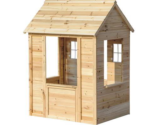 Spielhaus aus Holz mit Dach und Fenstern