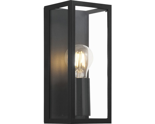 Schwarze Aussenwandleuchte mit transparentem Lampenschirm und Glühbirne