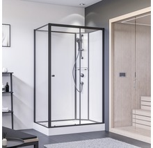 Duschkabine mit schwarzem Rahmen und Duschsystem im Badezimmer