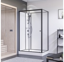 Duschkabine mit schwarzem Rahmen und Duschsystem in modernem Badezimmer.