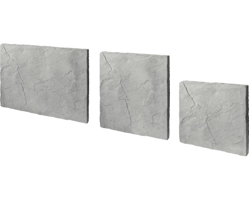Beton Terrassenplatte India grau Mehrformat Stärke 4 cm (1 Pal = 9,72 m² entspr. 6 Sets a 1,62 m²) Drei graue Steinpaneele mit Steinmuster