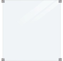 Quadratische Glas Magnettafel mit Halterungen an den Ecken.