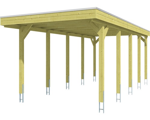 Holzcarport mit Flachdach und Stahlstützen