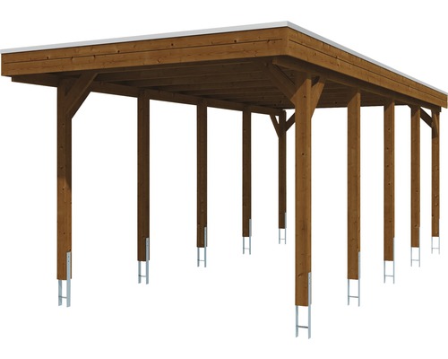 Holzcarport mit Flachdach und Stahlstützen