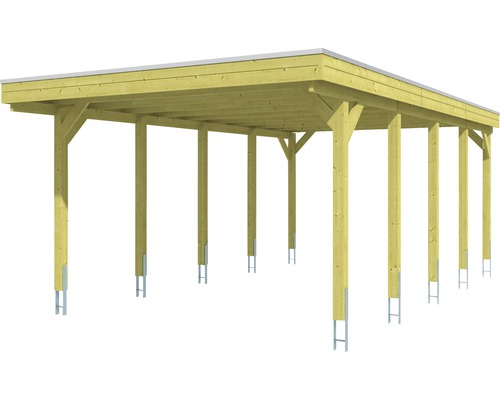 Holzcarport mit Flachdach und Stahlstützen