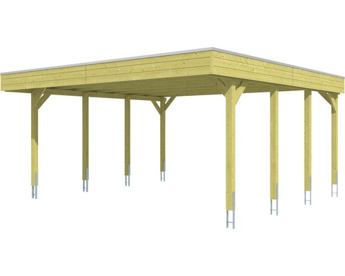 Holzcarport mit Flachdach und Stahlstützen