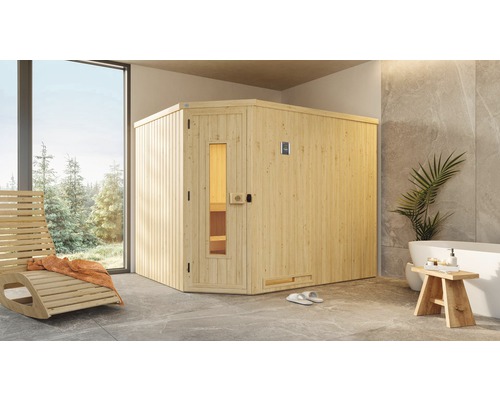 Elementsauna Weka Varberg Eck HT inkl. 7,5 kW Bio Ofen u.digitaler Steuerung ohne Fenster mit Holztüre mit Isolierglas wärmegedämmt