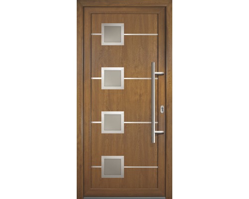 Haustür mit vier quadratischen Glaseinsätzen und Edelstahlgriff