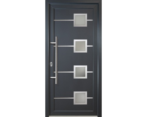 Graue Haustür mit vier quadratischen Glaseinsätzen und einem Griff