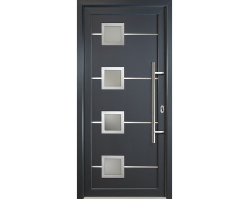 Graue Haustür mit vier quadratischen Glaseinsätzen und Edelstahlgriff