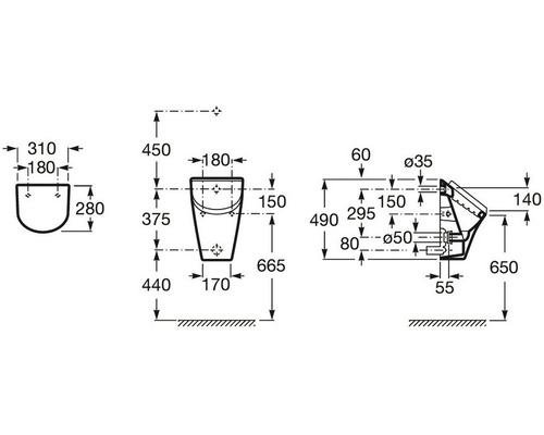 Technische Zeichnung eines Wand-WCs mit Maßangaben für die Installation