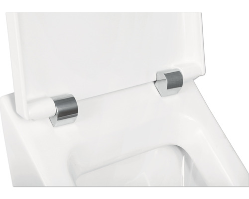 Detailaufnahme eines weißen WC-Sitzes mit Chromscharnieren