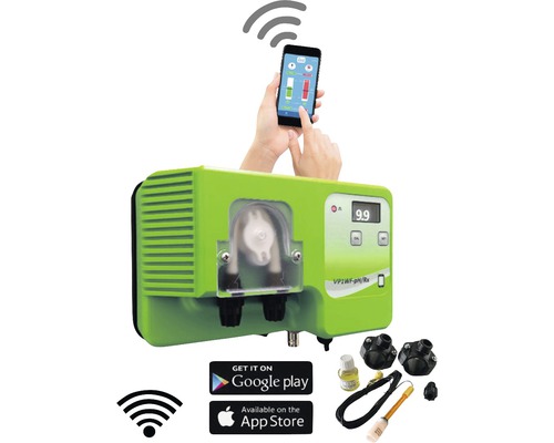 Dosieranlage mit Smartphone Steuerung, Google Play Logo, App Store Logo