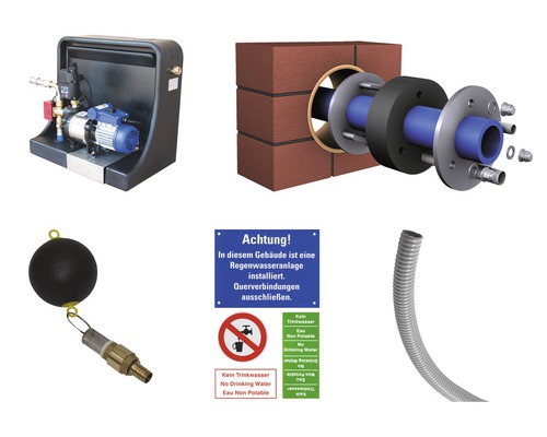 Regenwassernutzungsanlage mit Hauswasserwerk, Mauerdurchführung, Schwimmerventil, Warnschild und Wellrohr