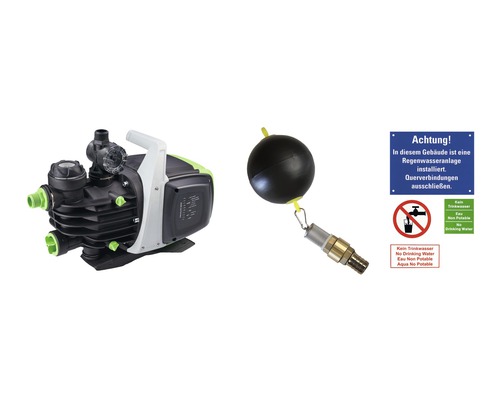Hauswasserwerk, Schwimmerschalter und Hinweisschilder für Regenwassernutzung