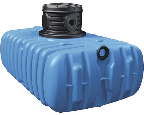 Blaue Regenwasserzisterne aus Kunststoff mit schwarzem Dom