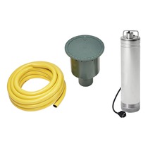 Tiefbrunnenpumpe mit Zubehör, inklusive Schlauch und Brunnenkopf