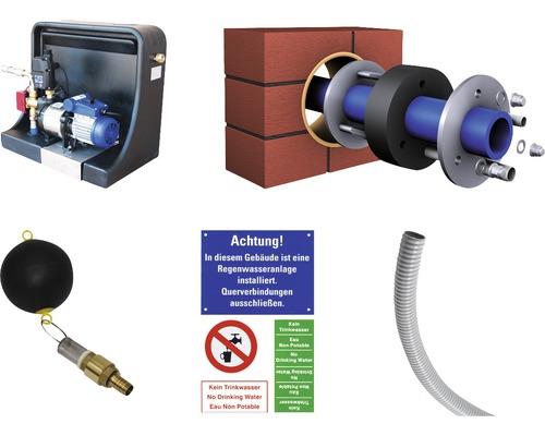 Regenwassernutzungsanlage mit Pumpe, Mauerdurchführung, Schwimmkugel, Warnschild und Wellrohr