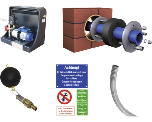 Mehrere Komponenten einer Regenwassernutzungsanlage, darunter eine Pumpe, eine Wanddurchführung, ein Schwimmerschalter, ein Warnschild und ein Schlauch.