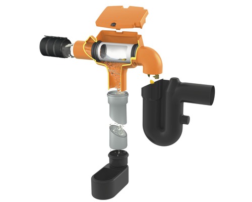 Explosionszeichnung einer Regenwasserfilteranlage mit Laubabscheider, Filter, Ablaufrohr und Geruchsverschluss