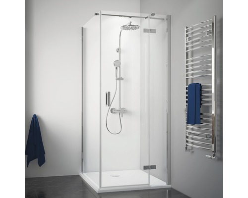 Drehtür für Seitenwand Breuer Express Q72 Panorama 900x2000 mm Anschlag rechts Echtglas Klar hell chromoptik mit schmutzabweisender Glasbeschichtung Eckdusche mit Brausegarnitur und Handtuchwärmer im Badezimmer.