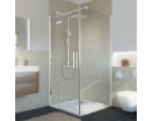 Drehtür für Seitenwand Breuer Express Q72 Avanta 900x2000 mm Anschlag links Echtglas Klar hell chromoptik mit schmutzabweisender Glasbeschichtung Eckdusche mit transparenter Glaswand und Duscharmatur im Badezimmer