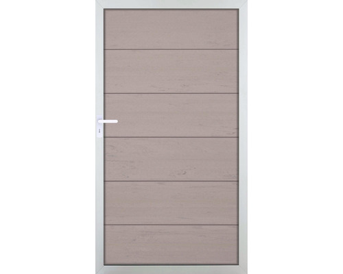 Einzeltor GroJa Novara vormontiert ohne Pfosten Rahmen silber 100 x 180 cm sand Eingangstür mit horizontaler Holzoptik und Griff