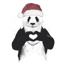 Illustration eines Pandas mit Weihnachtsmütze, der ein Herz mit seinen Händen formt