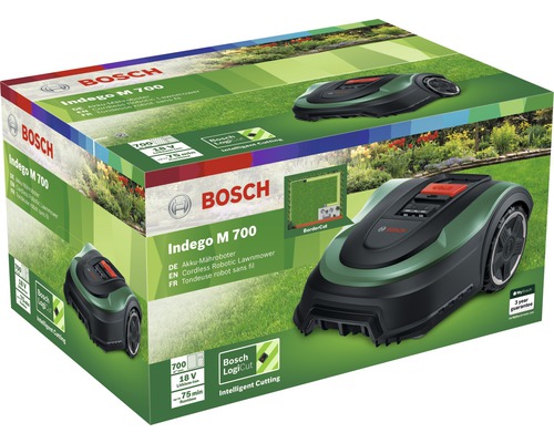 Verpackung eines Bosch Indego M 700 Akku-Mähroboters