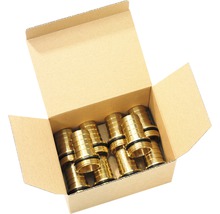 Offene Kartonverpackung mit mehreren Messingverschraubungen