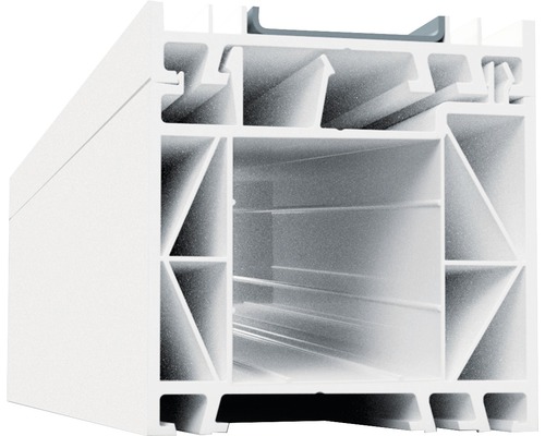 Verbreiterungsprofil 60 mm ARON Basic weiß/weiß Länge 2200 mm Querschnitt eines Kunststofffensterrahmens mit mehreren Kammern zur Wärmeisolierung.