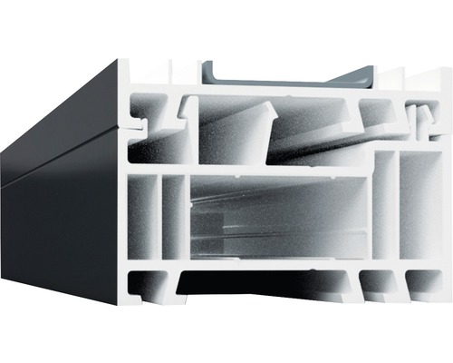 Verbreiterungsprofil 35 mm ARON Basic weiß/anthrazit Länge 1400 mm Querschnitt eines Fensterrahmens aus Kunststoff
