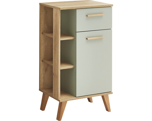 Schrank mit einer Tür, einer Schublade und offenen Regalen.