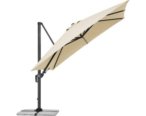 Freiarm-Sonnenschirm mit grauem Gestell und Steinfuß