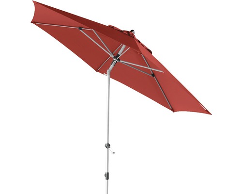 Rechteckiger, roter Sonnenschirm mit silberfarbenem Gestell