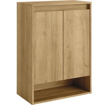 Holzfarbener Badezimmerschrank mit zwei Türen und offenem Fach
