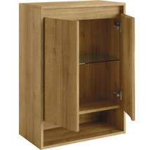 Offener Holz-Hängeschrank mit zwei Türen und Regalböden