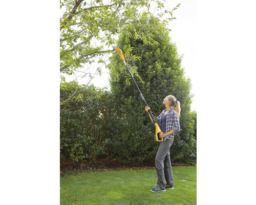 Frau benutzt eine Hochentaster zum Beschneiden von Baumästen im Garten.
