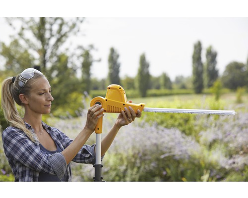 Frau bedient eine Akku-Teleskop-Heckenschere im Garten.