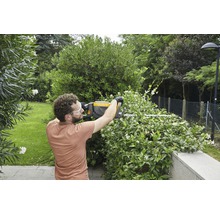 Mann schneidet Hecke mit Heckenschere im Garten.