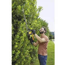 Mann schneidet Hecke mit Heckenschere im Garten.