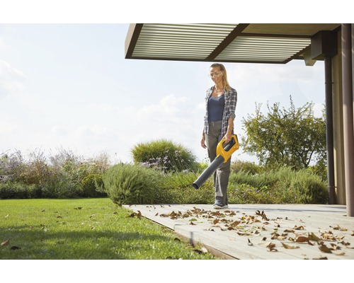 Frau benutzt einen Laubsauger auf einer Terrasse mit Garten im Hintergrund.