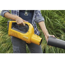 Eine Person hält einen gelben Akku-Laubbläser der Marke Stiga.