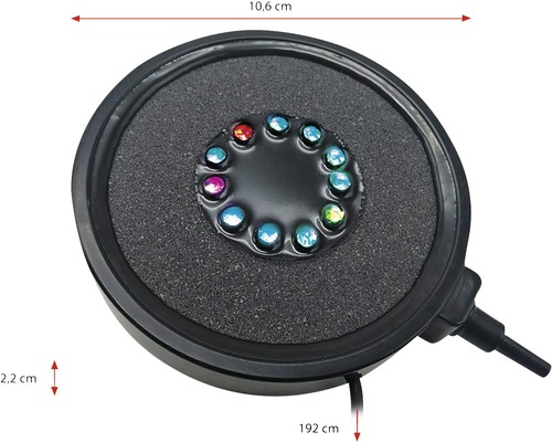 Runde Aquariumluftpumpe mit LED-Beleuchtung, 10,6 cm Durchmesser und 2,2 cm Höhe.