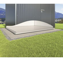 Metallgartenhaus mit Bodenplatte auf einem Fundament aus Betonplatten