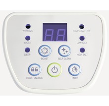 Bedienfeld einer Wasserpumpe mit digitaler Anzeige, Tasten für Boost, Selbstreinigung, Timer und Sperren