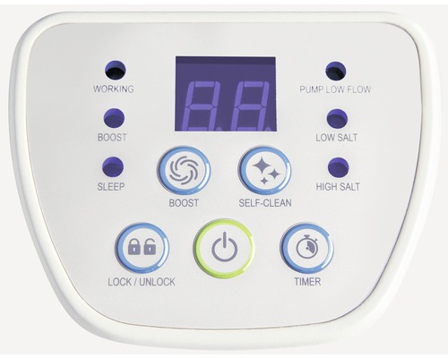 Bedienfeld einer Wasserpumpe mit digitaler Anzeige, Tasten für Boost, Selbstreinigung, Timer und Sperren